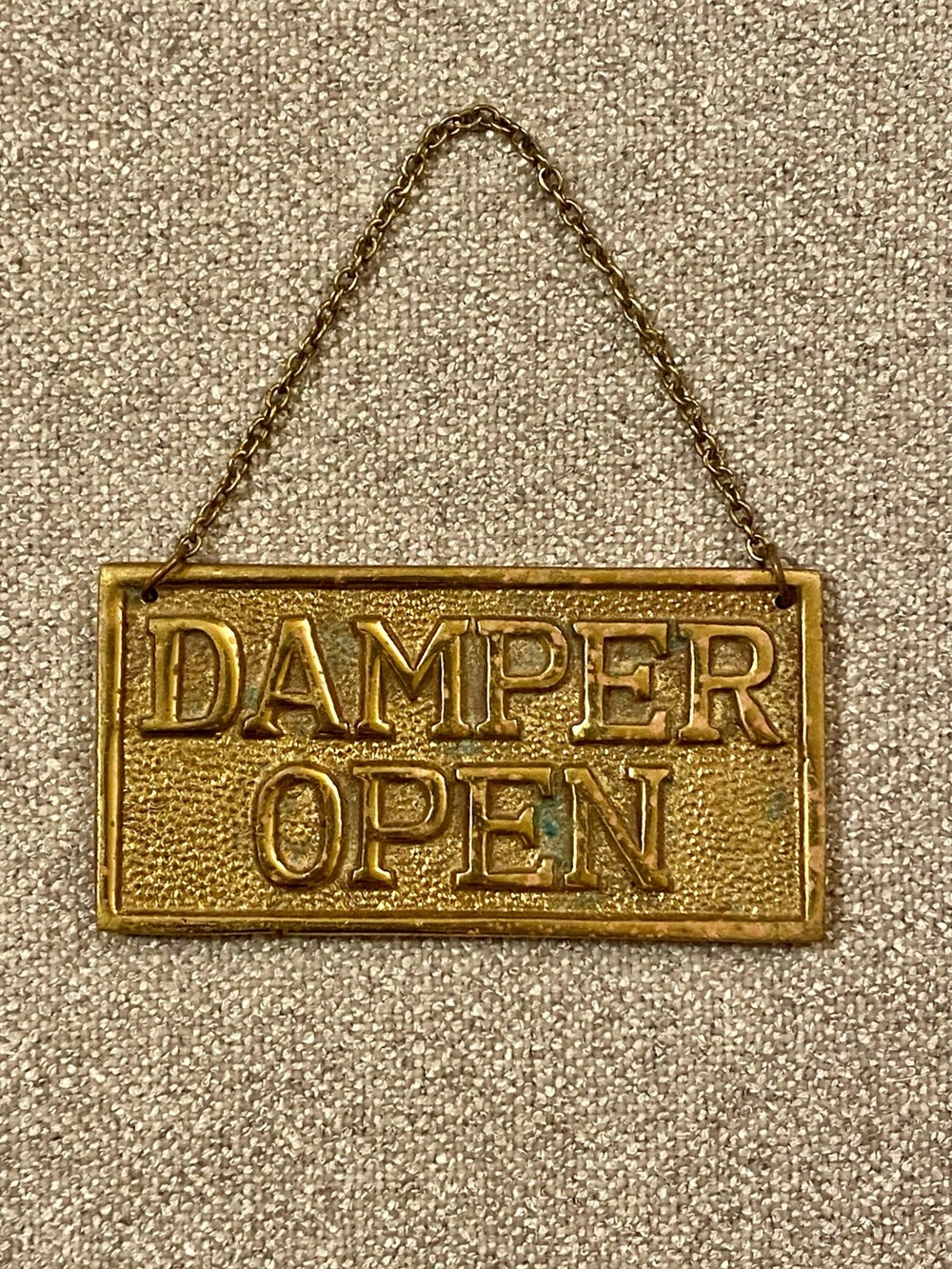 VTG Damper Open Damper Closed Brass Sign Fireplace Flue Two Sided Chain Hanger